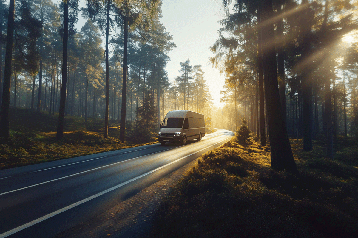 Carbon footprints explained_ impact and reporting_An electric delivery van driving on a modern forest road_visual 6-1