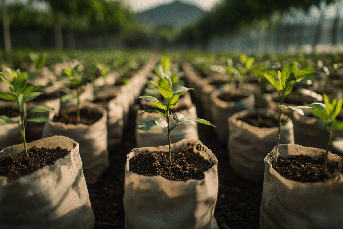 Carbon footprints explained_ impact and reporting_View from below of a large nursery with young deciduous tree seedlings in fabric soil bags_visual 8-1