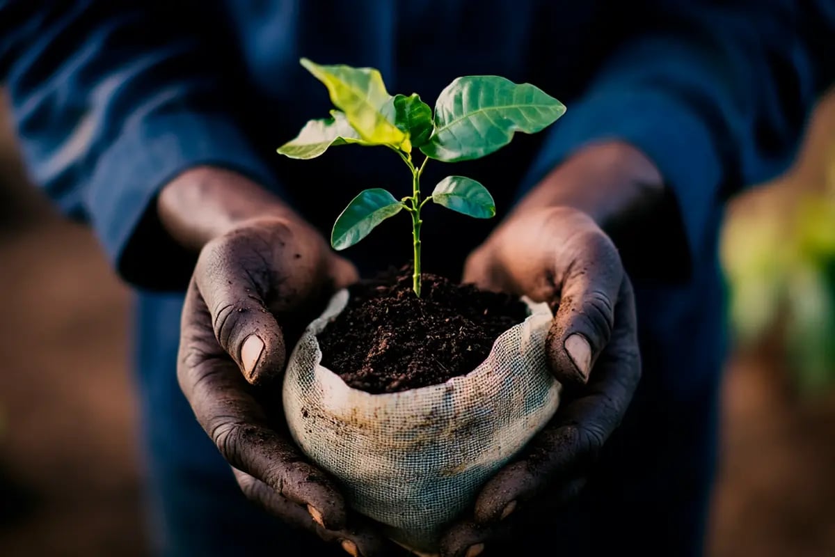 Carbon markets and their growing impact explained_Close-up of a nursery worker holding a tree seedling_visual 8