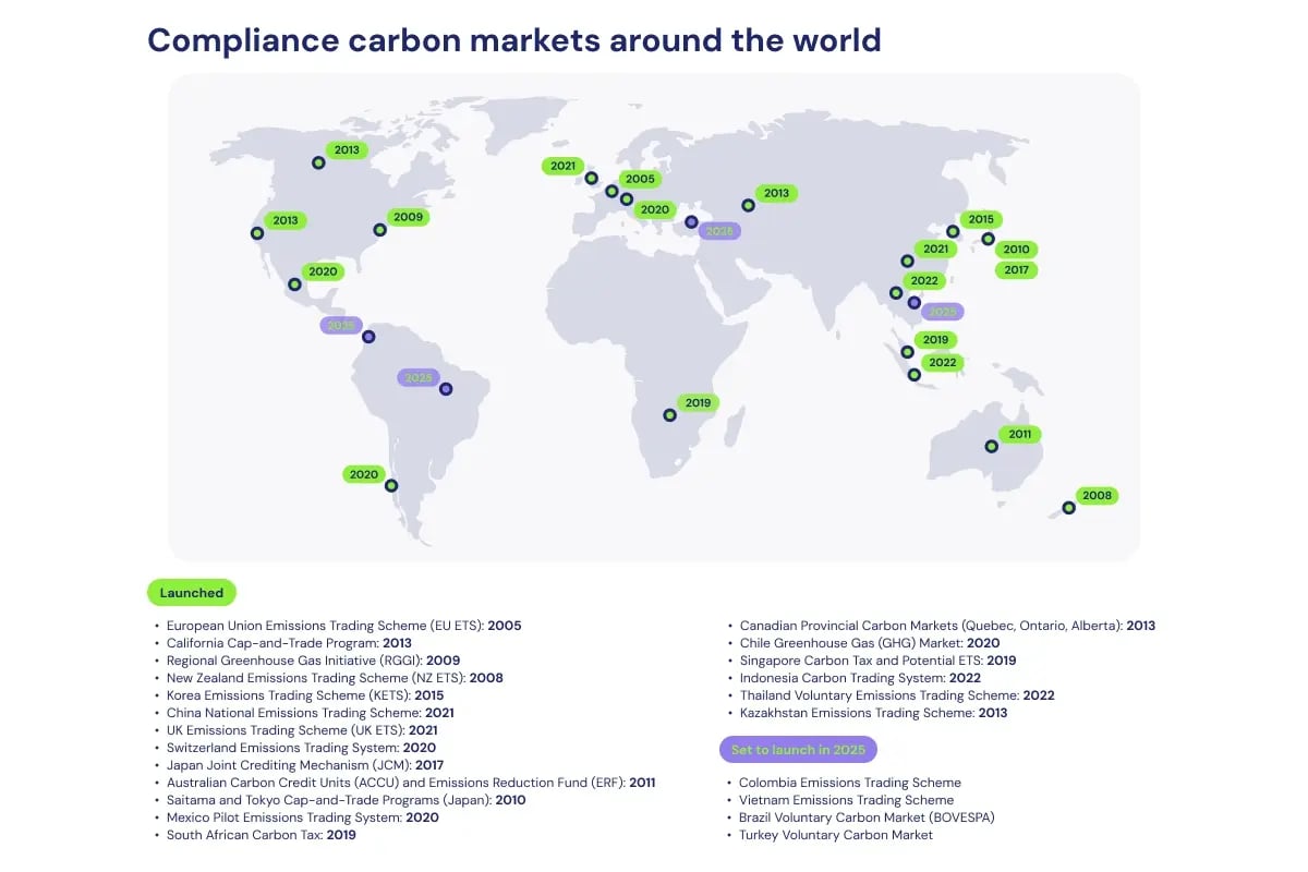 Carbon markets and their growing impact explained_Map showing compliance carbon markets around the world_visual 3