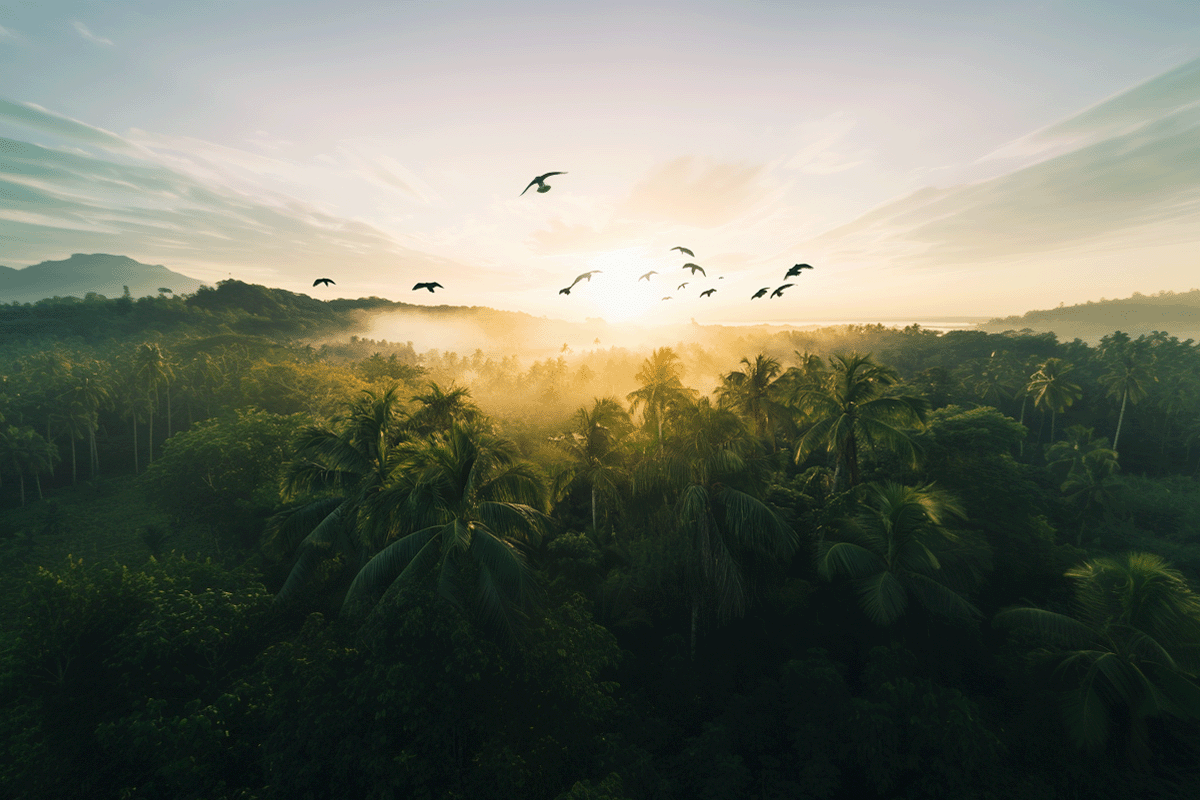 Carbon projects_ their importance and benefits_ Photo from treetops of a large tropical forest with birds flying toward the rising sun_visual 7