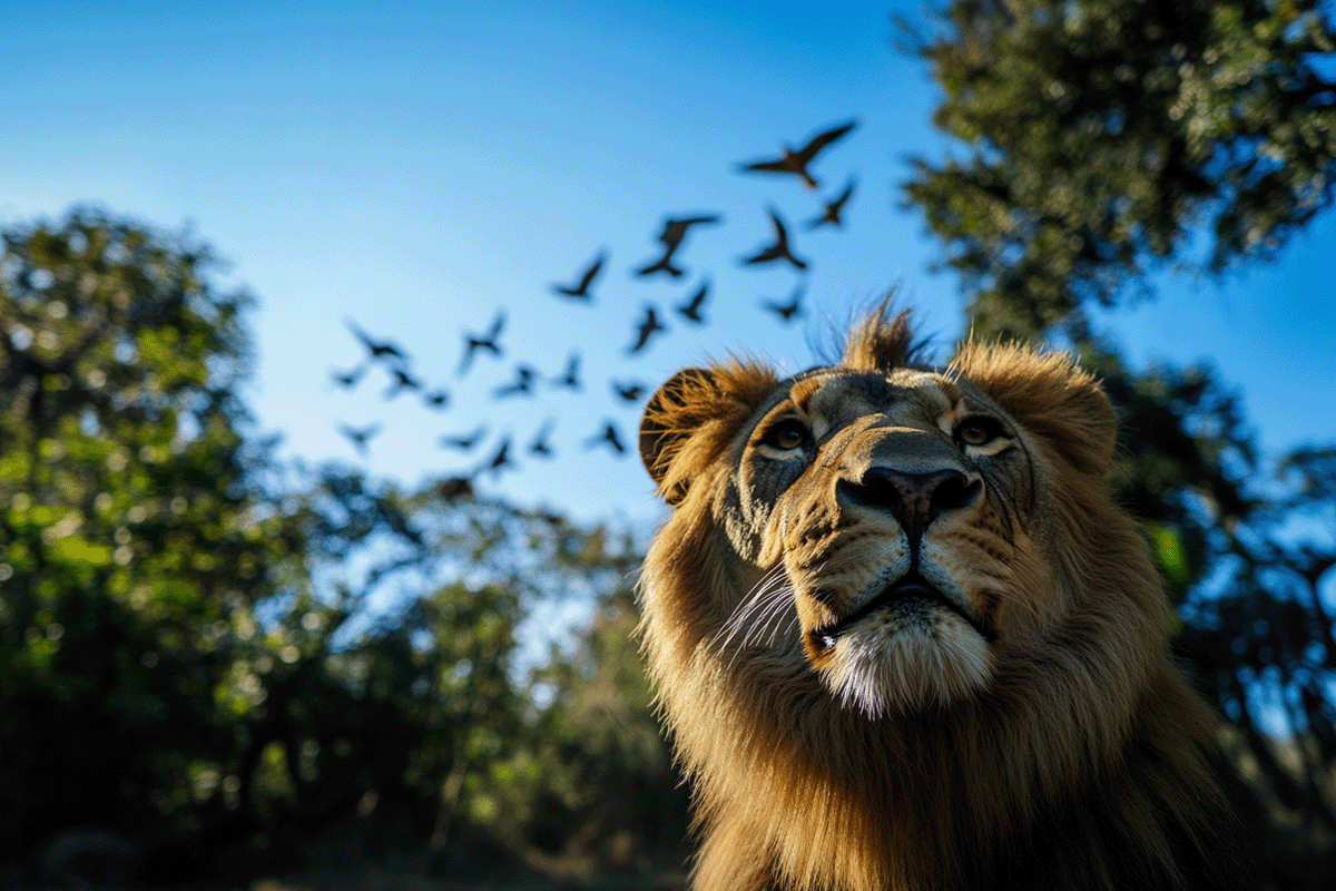 Carbon regulation_ leading the rise of carbon markets_Bottom view of a male lion with the African forest, its natural habitat, and flying birds in the background_visual 5