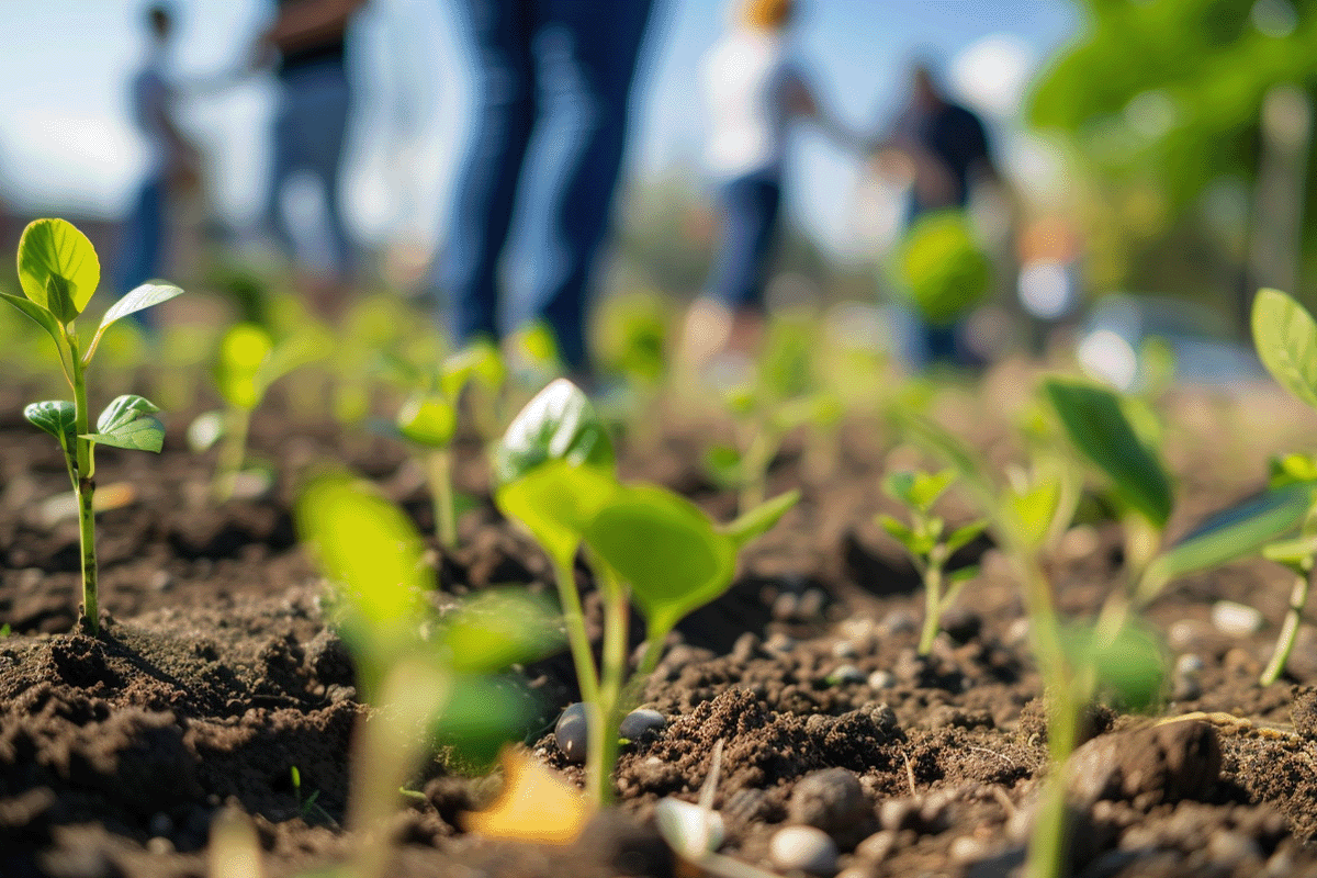 Carbon regulation_ leading the rise of carbon markets_Tree seedlings in the foreground with people participating in tree planting day in the background_visual 6