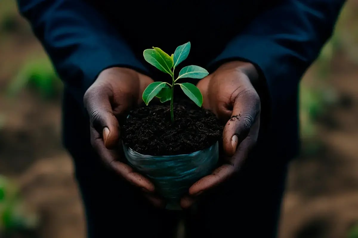 Best investment opportunities in nature for 2025_A man working in a tree nursery holding a seedling_visual 3