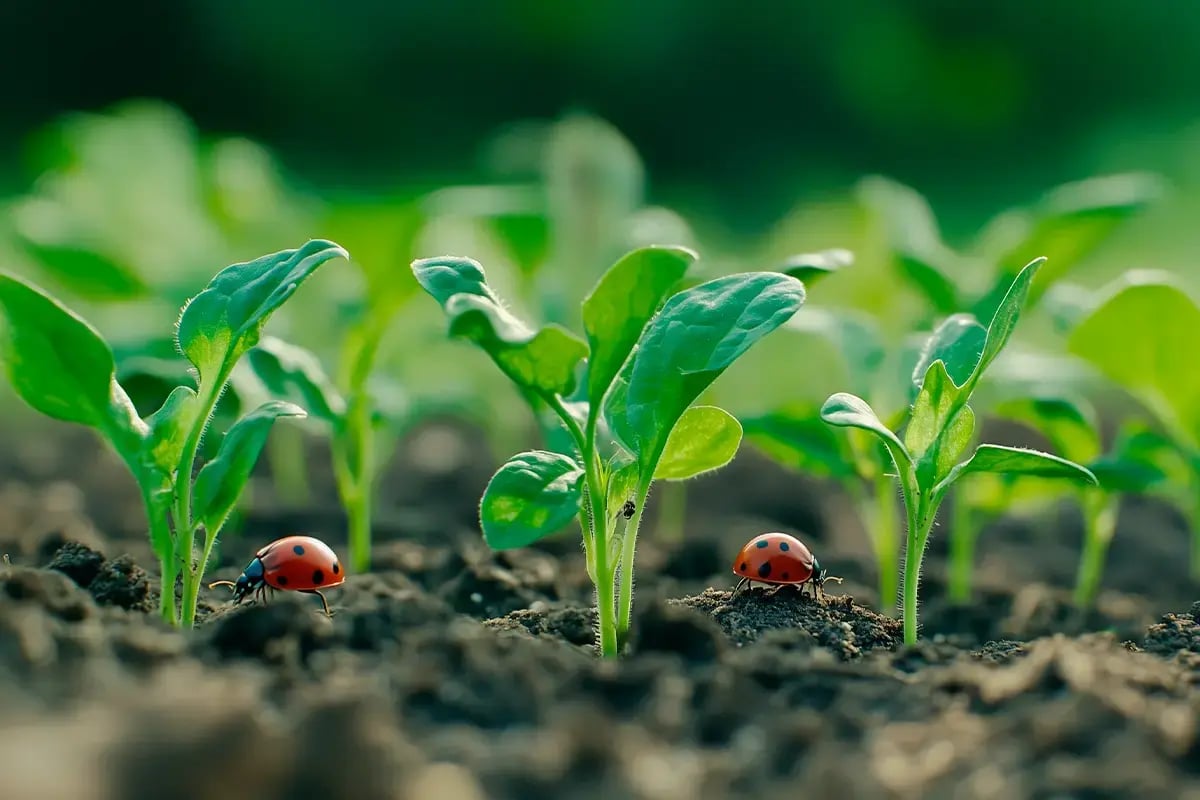 Best investment opportunities in nature for 2025_Close-up of vegetable seedlings and ladybugs—natural pest predators_visual 7