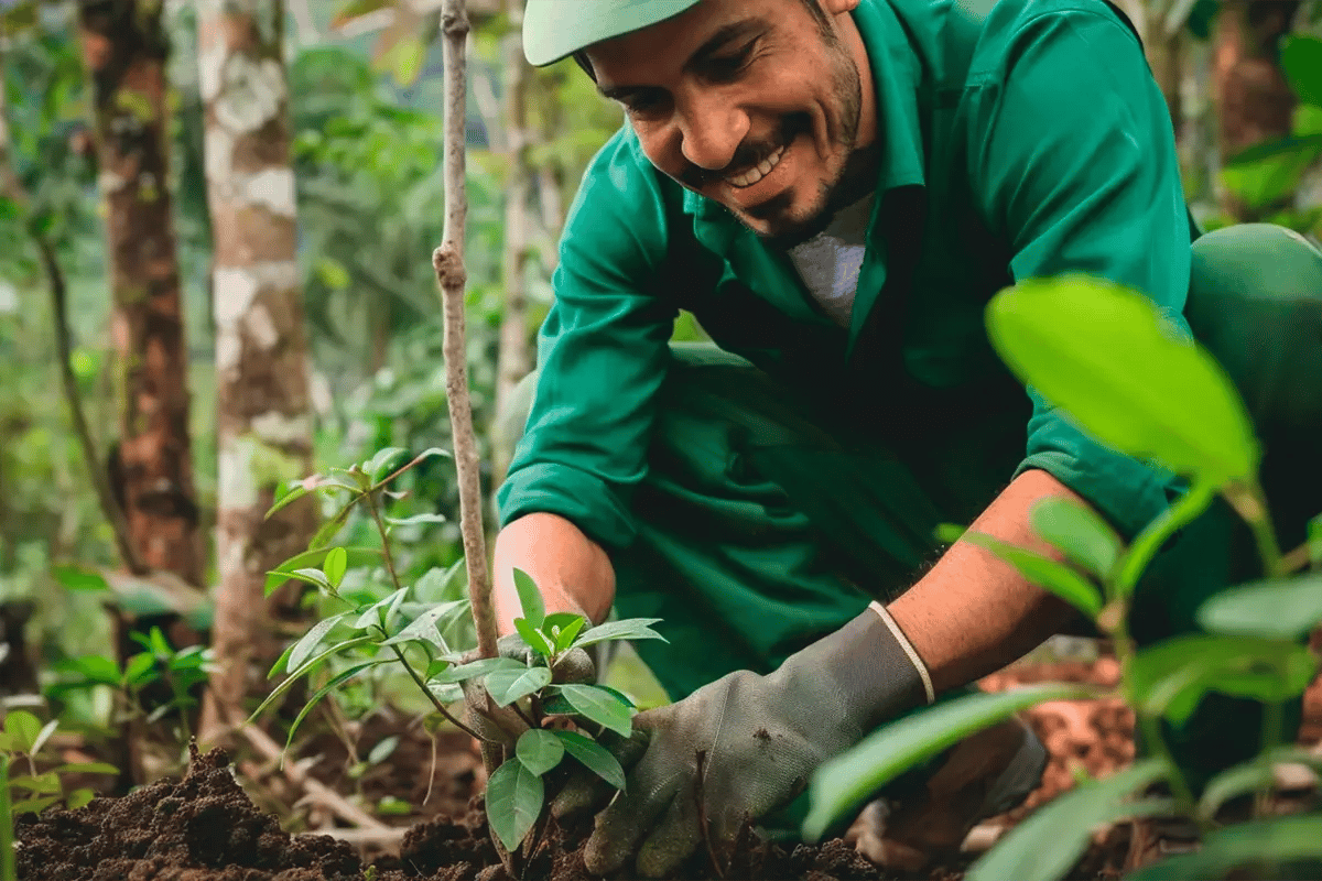 Trumps 7 new policies what they could mean for the voluntary carbon market_A forest worker planting a tree in the Amazon rainforest as part of a reforestation project_visual 2