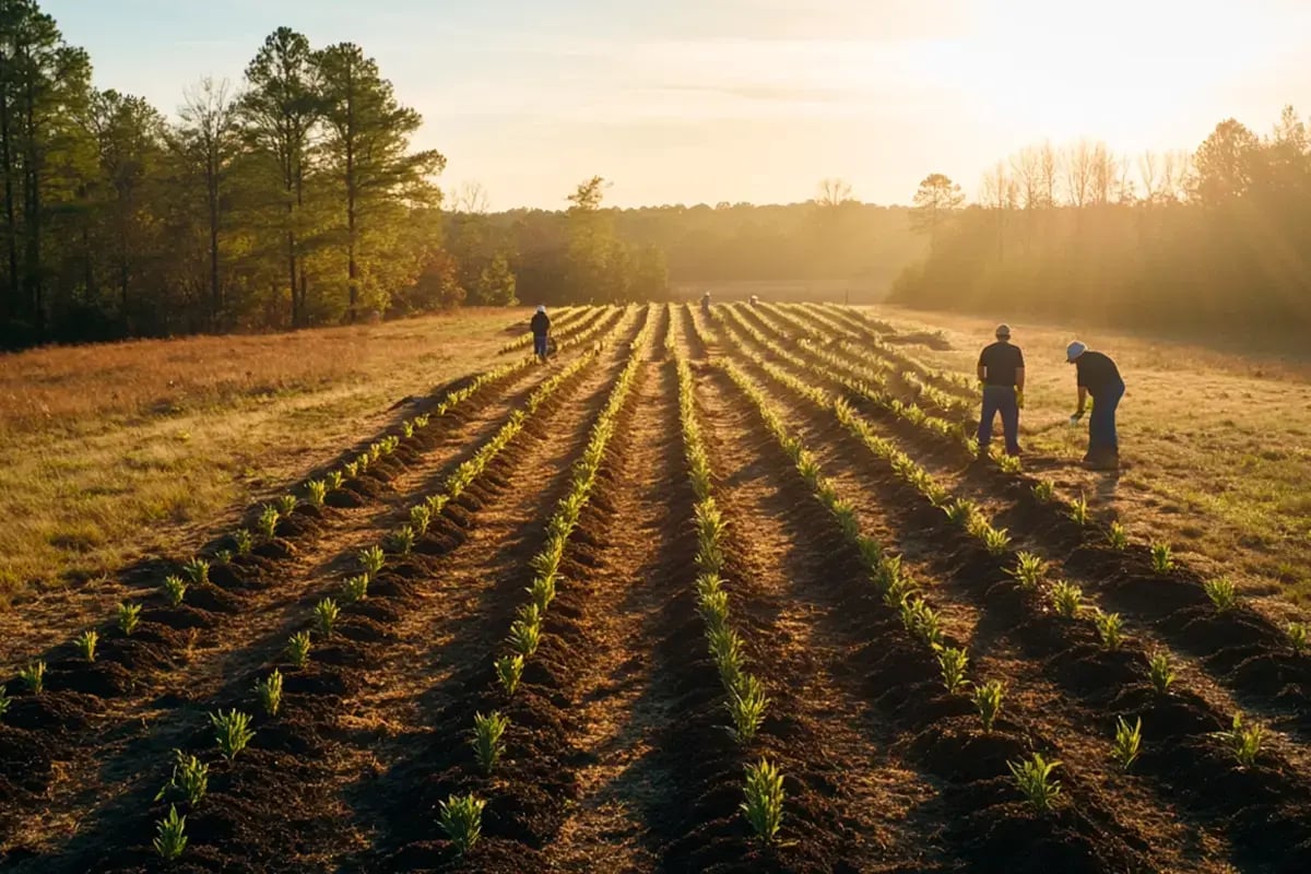 What are carbon credit funds_A drone photo of forestry workers planting trees as part of a reforestation project_visual 3
