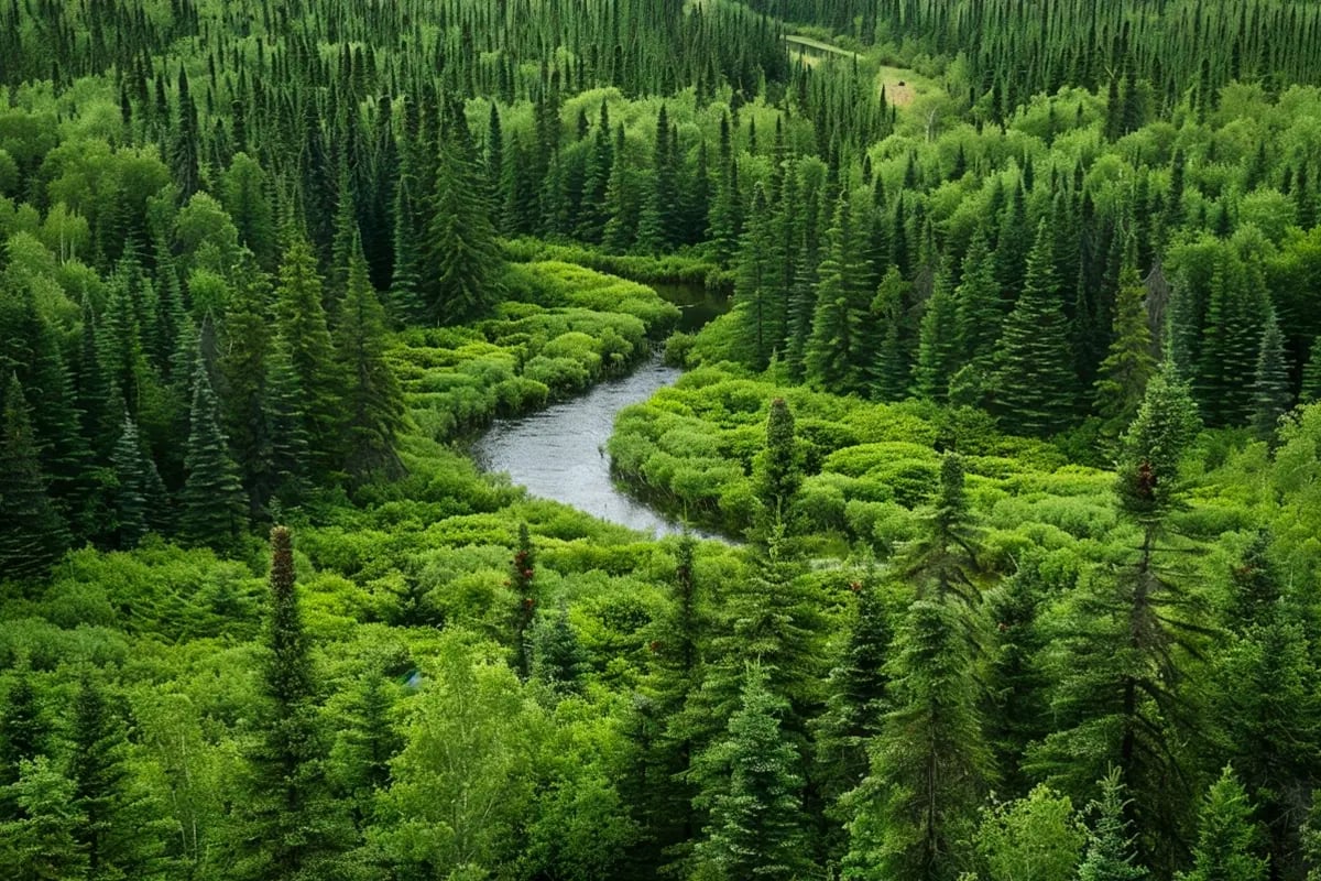 Sustainable impact of carbon credit investment_Aerial view of Canadian forest_visual 9