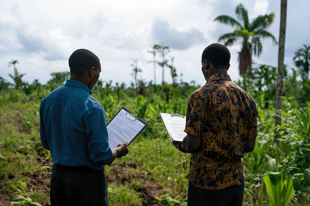 The comprehensive verification process for carbon credits_ Two men validating a reforestation project in Africa_visual 6