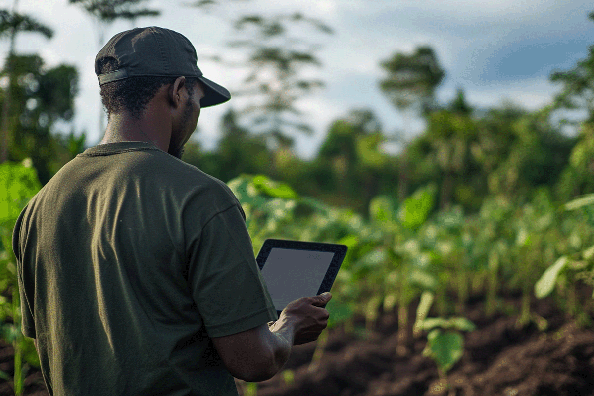 The comprehensive verification process for carbon credits_African forester monitoring a newly planted forest_visual 5