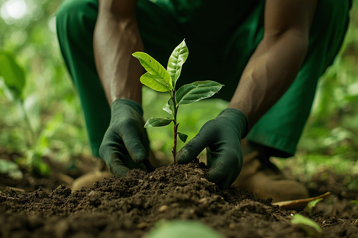 The comprehensive verification process for carbon credits_Close-up of an African man planting a tree seedling in an African forest as part of a reforestation project_visual 3